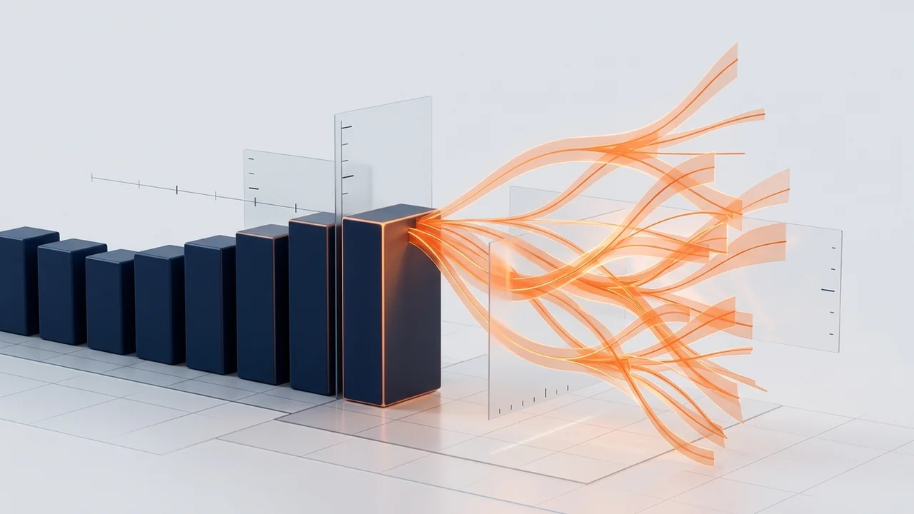 Translucent ribbons extending from a row of physical data blocks into several possible paths